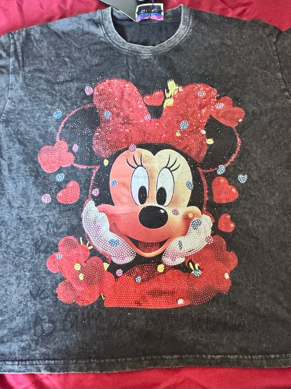 Disney Minnie Mouse Black Tee with Red Bow and Pink Accents